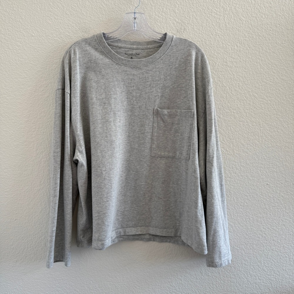 Abercrombie & Fitch Grey 100% Cotton Oversized Cropped Long Sleeve Pocket Tee XL